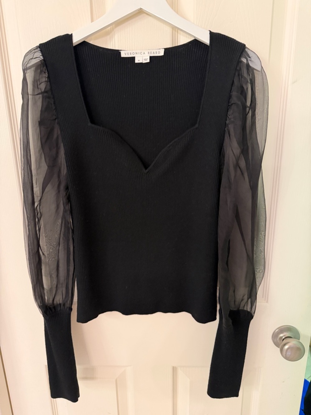 Veronica Beard Black Knit Top with Sheer Puff Sleeves